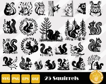 以下が含まれることがあります： 様々なポーズとスタイルで描かれた、25匹の白黒のリスのイラストのコレクション。メガネをかけたリス、リースの中のリス、木や葉と交流するリスもいます。画像にはファイルタイプのアイコンとテキスト「25 Squirrels」が含まれています。
