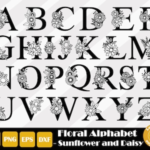 26 Alfabeto floral Svg, Girasol, Margarita, Alfabeto botánico, Alfabeto de boda Svg, Letra de monograma, Alfabeto de flores Svg, Descarga instantánea