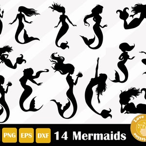 Peut inclure: Un ensemble de 14 images en silhouette noire de sirènes avec différentes poses et formes de queue. Les images sont parfaites pour les projets d'artisanat, le scrapbooking ou la conception numérique.