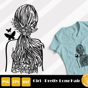 花柄の少女 SVG、花柄の女性のアート、ロングヘア SVG、かわいい女の子 SVG、切り絵の少女、花柄の女性 SVG、花を持つ少女、即時ダウンロード
