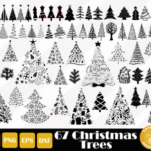 Op de afbeelding: Een set van 67 zwart-wit illustraties van kerstboom. De bomen zijn in verschillende stijlen, waaronder eenvoudige contouren, sierlijke ontwerpen en bomen versierd met sneeuwvlokken, sterren en ornamenten. De tekst "67 Christmas Trees" staat onderaan de afbeelding.