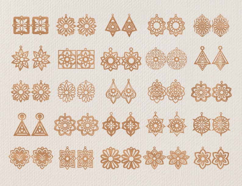 May include: A collection of laser-cut wooden earrings in various floral and geometric designs. The earrings are in shades of brown and feature intricate cut-out patterns. The image showcases a variety of styles, including teardrop, round, and square shapes.