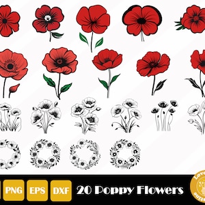 Poppy Svg, Poppy Clipart, Floral Svg, Poppy Cut File, Poppy Flower Svg, Remembrance Day Svg, Wildflower Svg, Instant Download
