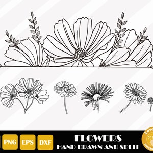Split Sunflower Svg, Hand Drawn Floral Svg, Half Flower Svg, Wildflower Svg, Flowers Clipart, Wildflower Cut Files For Cricut Silhouette