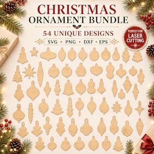 May include: A digital file collection titled CHRISTMAS ORNAMENT BUNDLE 54 UNIQUE DESIGNS SVG PNG DXF EPS featuring 54 light brown wooden-textured Christmas ornament shapes in various geometric, star, bell, and tree silhouettes for laser cutting.