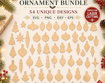 Paquete de 54 adornos navideños en formato SVG, formas de bolas cortadas con láser, decoraciones navideñas de madera, diseños de adornos navideños para Cricut Glowforge.