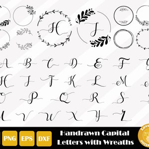 Elegant Alphabet SVG, Hand Drawn Capital Letter, Wedding Alphabet, Floral Wreath SVG for Cricut Silhouette Files, Easy Cut, Instant Download