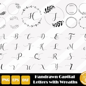 Elegante alfabeto SVG, letra mayúscula dibujada a mano, alfabeto de boda, corona floral SVG para archivos de silueta cricut, corte fácil, descarga instantánea