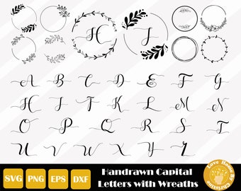 Elegant Alphabet SVG, Hand Drawn Capital Letter, Wedding Alphabet, Floral Wreath SVG for Cricut Silhouette Files, Easy Cut, Instant Download