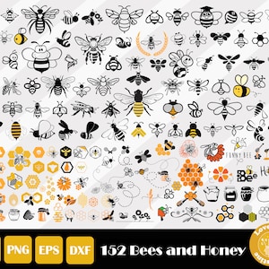 Könnte beinhalten: Eine Sammlung von 152 schwarzen und weißen digitalen Schnittdateien zum Thema Bienen und Honig im SVG-, PNG-, EPS- und DXF-Format. Die Designs beinhalten Bienen, Waben, Honiggläser und Blumen.