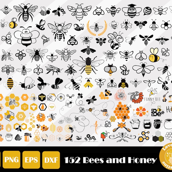 152 Bee Svg Bundle, Floral Bee Svg, Bumble Bee Svg, Honey Bee Svg, Queen Bee Svg, Bee Cut Design, Bee Cut File, Instant Download