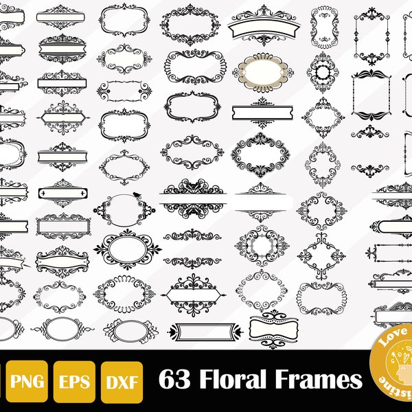 63 Floral Frame Decorative Frame SVG EPS PNG Fichiers, Utilisation commerciale, Téléchargement instantané