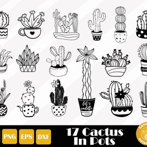 May include: A set of 17 black and white line drawings of cacti in pots. The cacti are in various shapes and sizes, and some have flowers or other decorations. The text "17 Cactus In Pots" is at the bottom of the image.