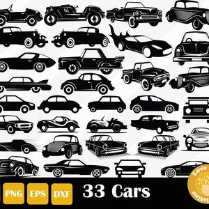 Könnte beinhalten: Ein Set mit 33 schwarzen und weißen Silhouette-Illustrationen von Autos. Die Autos sind in verschiedenen Stilen, darunter klassisch, modern und sportlich. Die Illustrationen sind perfekt für die Verwendung in Bastelarbeiten, Scrapbooking oder digitalem Design.