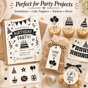 May include: A collection of party stationery featuring black and white graphics including a birthday invitation, cupcake toppers, gift tags, and stickers. The items display text such as Birthday Party, Thank You, Happy Birthday, and Hip Hip Hooray.
