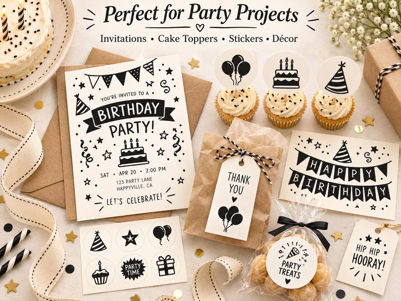 May include: A collection of party stationery featuring black and white graphics including a birthday invitation, cupcake toppers, gift tags, and stickers. The items display text such as Birthday Party, Thank You, Happy Birthday, and Hip Hip Hooray.