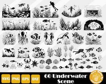 Scena subacquea Svg, Barriera corallina Svg, Alghe marine Svg, Paesaggio sottomarino, Clipart subacquea, Scuba Diver Svg, Acquario Svg, Download istantaneo