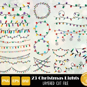 Puede incluir: 23 archivos de corte en capas de luces navide&ntilde;as en varios estilos, incluyendo coronas, guirnaldas y cadenas de luces. Las luces son de varios colores, incluyendo rojo, verde, azul, amarillo y blanco. Los archivos son perfectos para crear manualidades y decoraciones festivas.