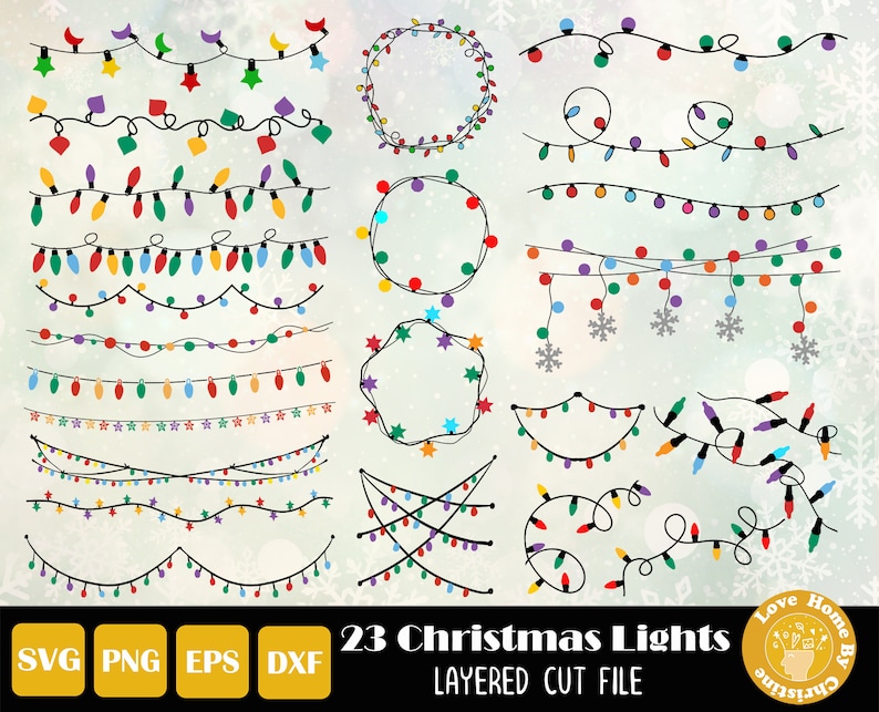 Puede incluir: 23 archivos de corte en capas de luces navide&ntilde;as en varios estilos, incluyendo coronas, guirnaldas y cadenas de luces. Las luces son de varios colores, incluyendo rojo, verde, azul, amarillo y blanco. Los archivos son perfectos para crear manualidades y decoraciones festivas.