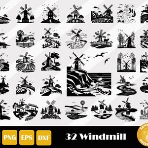 Może przedstawiać: Zestaw 32 czarno-białych ilustracji sylwetki wiatraków. Wiatraki są przedstawione w różnych stylach i sceneriach, w tym pola, wzgórza i krajobrazy morskie. Ilustracje idealnie nadają się do projektów rękodzieła, scrapbookingu i projektowania cyfrowego.