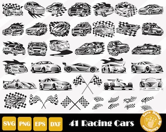 Könnte beinhalten: Ein Set mit 41 Schwarzweiß-Illustrationen von Rennwagen. Die Illustrationen umfassen verschiedene Arten von Autos, darunter Sportwagen, Rennwagen und SUVs. Die Illustrationen beinhalten auch karierte Flaggen und Flammen.