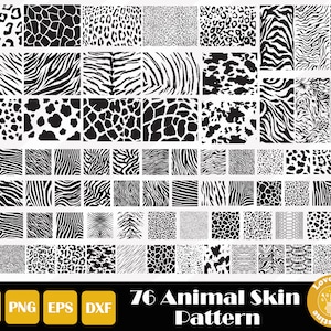 Może przedstawiać: Kolekcja 76 czarno-białych wzorów skór zwierzęcych, w tym nadruki w cętki, zebry, żyrafy i krowy. Obraz zawiera ikony formatów plików SVG, PNG, EPS i DXF oraz tekst "76 Animal Skin Pattern".