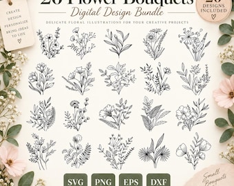 May include: A digital design bundle featuring 20 black and white line art flower bouquet illustrations. The text includes 20 Flower Bouquets Digital Design Bundle, 20 Designs Included, SVG, PNG, EPS, DXF, and Instant Download Commercial Use.
