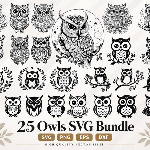 フクロウのSVGファイル25点セット：花柄、マンダラ、ゼンタングル柄のフクロウのカットファイル