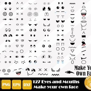 Funny Faces SVG, Cartoon Eyes et Cartoon Mouth pour Cricut Silhouette Files, Faites votre propre visage, Easy Cut, Utilisation commerciale, Téléchargement instantané