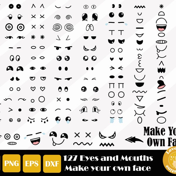 Funny Faces SVG, Cartoon Eyes et Cartoon Mouth pour Cricut Silhouette Files, Faites votre propre visage, Easy Cut, Utilisation commerciale, Téléchargement instantané