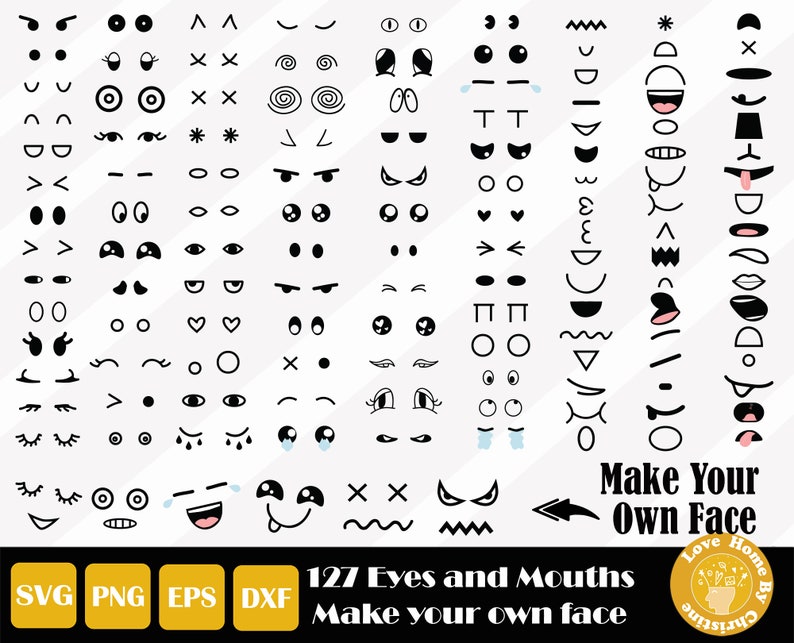 Pu&ograve; includere: Un'illustrazione digitale in bianco e nero di 127 occhi e bocche diversi. L'immagine include il testo "Make Your Own Face" e "127 Eyes and Mouths Make your own face".