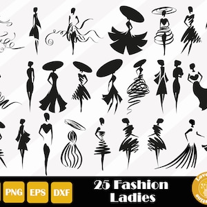 25 ファッション レディ SVG、イブニング ドレス SVG、ファッション クリップアート、ファッション ガール カット ファイル (Cricut および Silhouette 用)、簡単カット、即時ダウンロード