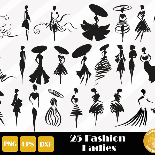 25 Fashion Lady Svg, Abendkleid Svg, Mode Clipart, Fashion Girl Cut Dateien für Cricut und Silhouette, Easy Cut, Direkter Download