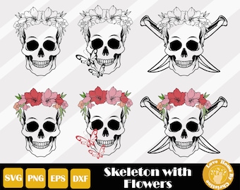 Skeleton Svg, Bones Svg, Halloween Svg, Skull Skeleton Svg, Skeleton Clipart, Skeleton Png, Flower Skull Svg, Instant Download