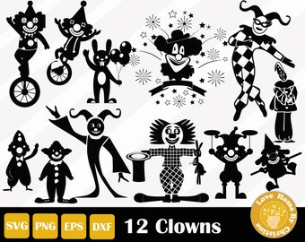 12 Clowns SVG-bestanden voor Cricut Silhouette Files, Easy Cut, Commercieel gebruik, Instant Download