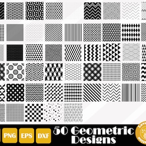 50 の幾何学的デザイン SVG、幾何学的形状 SVG、シームレス パターン PNG SVG EPS ファイル、Cricut シルエット ファイル用、簡単カット、即時ダウンロード