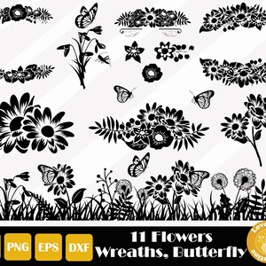 11 Blumen SVG, Schmetterling, Gräser, Grasshopper Cut Dateien für Cricut Silhouette Dateien, Easy Cut, Direkter Download