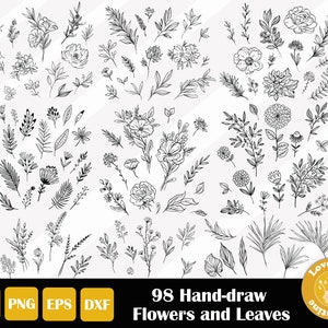 98 Hand Drawn Plants SVG, Flowers and Leaves PNG for Cricut Silhouette Files, Easy Cut, Instant Download