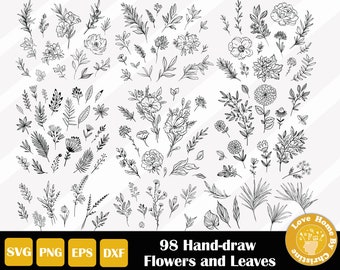 98 Hand Drawn Plants SVG, Flowers and Leaves PNG for Cricut Silhouette Files, Easy Cut, Instant Download