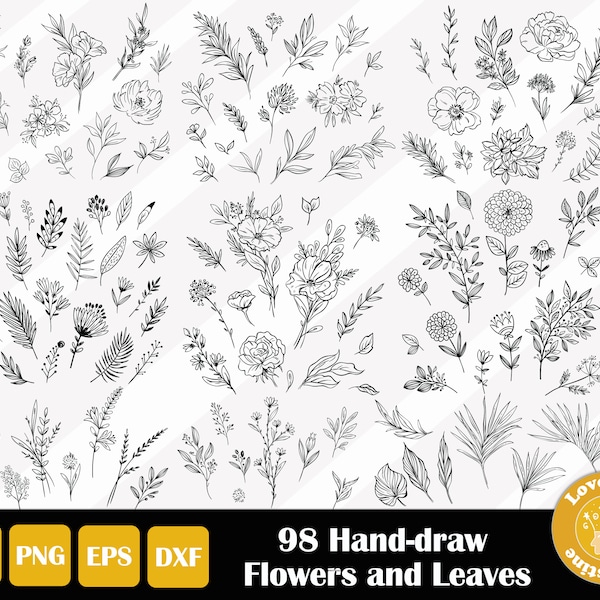 98 plantes dessinées à la main SVG, fleurs et feuilles PNG pour cricut Silhouette Files, Easy Cut, Téléchargement instantané