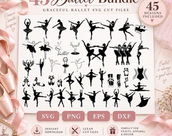 Puede incluir: Un paquete digital de 45 diseños de siluetas negras que muestran bailarines de ballet, zapatillas de punta y leotardos. El texto dice 45 Ballet Bundle, Graceful Ballet SVG Cut Files, 45 Designs Included, SVG, PNG, EPS, DXF.