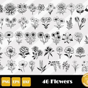46 Flowers Svg Bundle, Wildflower Svg, Rose Svg, Daisy Clipart, Botaical Svg, Floral Svg, Flower Clipart, Sunflower Svg, Instant Download