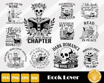 Libri floreali in formato SVG, Un altro capitolo in formato SVG, Libro scheletro in formato SVG, Citazioni di libri in formato SVG, Maglietta da lettura in formato SVG, Teschio di biblioteca in formato SVG, Teschio di fiore in formato SVG