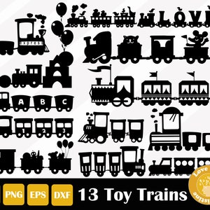 Puede incluir: Un conjunto de 13 ilustraciones de trenes de juguete en blanco y negro. Los trenes son de varios estilos, incluyendo un tren con la palabra "express" en el lateral, un tren con números en los vagones y un tren con la palabra "LOVE" en los vagones. Las ilustraciones son perfectas para usar en proyectos de manualidades, scrapbooking o diseño digital.