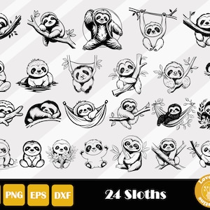 24 Sloth Svg, Sloth Cut File, Sloth Clipart, Sleeping Sloth Svg, Hanging Sloth, Yoga Sloth, Lazy Sloth Svg, Instant Download