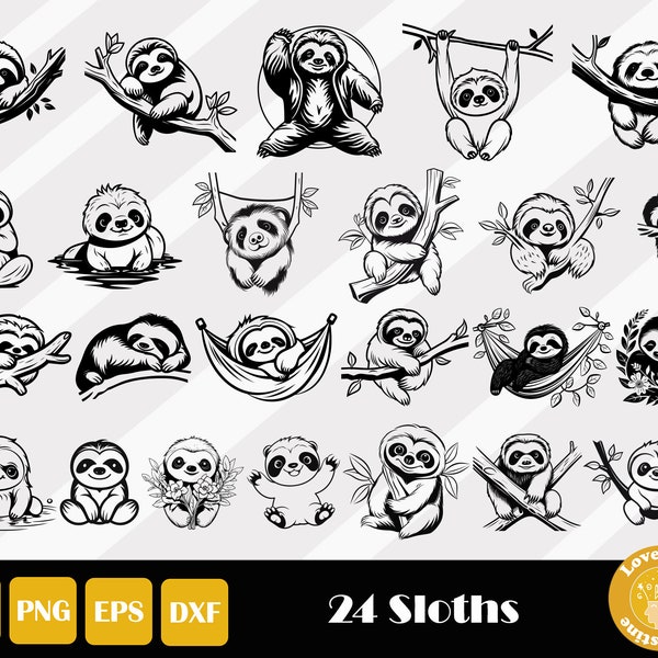 24 Sloth Svg, Sloth Cut File, Sloth Clipart, Sleeping Sloth Svg, Hanging Sloth, Yoga Sloth, Lazy Sloth Svg, Instant Download