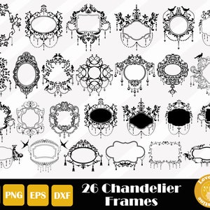 May include: A set of 26 black and white printable chandelier frames. The frames are ornate and feature a variety of designs, including swirls, scrolls, and floral motifs. The frames are perfect for adding a touch of elegance to any project.