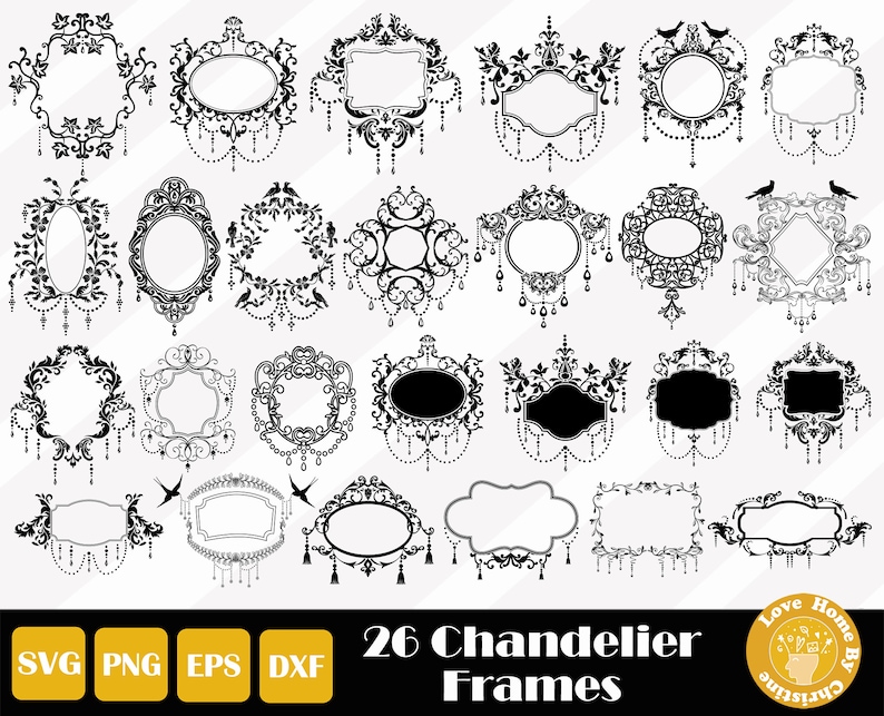 K&ouml;nnte beinhalten: Ein Set mit 26 schwarzen und wei&szlig;en druckbaren L&uuml;sterrahmen. Die Rahmen sind verziert und weisen eine Vielzahl von Designs auf, darunter Spiralen, Schn&ouml;rkel und florale Motive. Die Rahmen sind perfekt, um jedem Projekt einen Hauch von Eleganz zu verleihen.