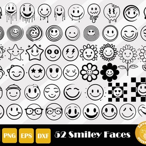 52 Smiley Face Svg, Happy Face Svg, Drippy Smiley Svg, Checkered Smiley Svg, Smiley Face Cut File, Happiness Svg, Instant Download
