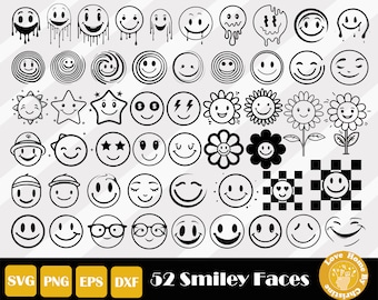 52 Smiley Face Svg, Happy Face Svg, Drippy Smiley Svg, Checkered Smiley Svg, Smiley Face Cut File, Bonheur Svg, Téléchargement immédiat